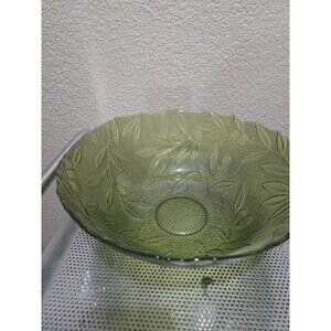 Vintage 1979 FTD Green Cut Glass Fruit Serving Bowl Embossed Flower Design 11.5"